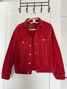 ZARA Red Denim Shirt Jacket with Contrast Stitching